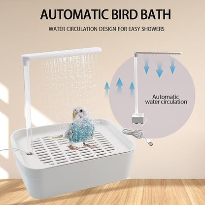 PINVNBY Automatic Bird Bath with Pump,Parrot Bathtub Shower Parakeet Bath Box with Cage USB & Power Plug Water Circulated Controller for Cockatiel Lovebird Conure Budgie(White)