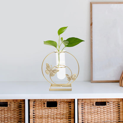BESPORTBLE Hydroponic Desktop Vase Ornament with Butterfly Pattern, Round Glass Plant Terrarium, Metal Framed Flower Vase for Home Décor and Living Room Table Display
