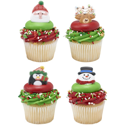DecoPac Christmas Rings, Holiday Icon Cupcake Decorations, Cupcake Toppers Featuring Santa, Reindeer, Snowmen, and Penguins, Festive Food Safe Cake Topper – 24 Pack