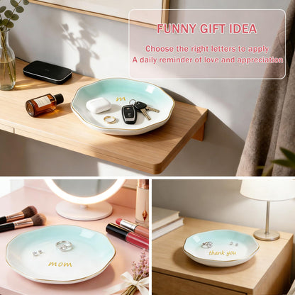 LUCKINEE - Ceramic Jewelry Tray Personalized Ring Dish Trinket Dish Gifts for Women,Birthday Gifts for Mom,Sisters and Friends, with 1pc Gold Puffy Letter Sticker A-Z and 1pc Greeting Card