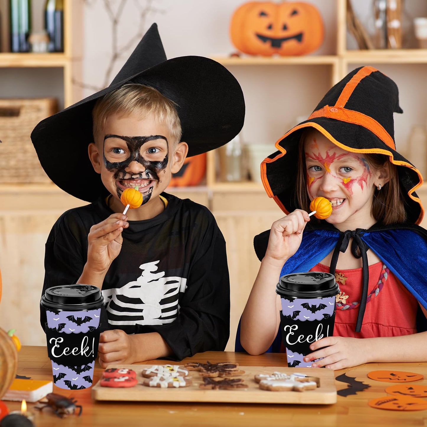 JarThenaAMCS 50 Set Halloween Disposable Coffee Cups with Lids Sleeves Purple Black Bat Drinking Cup Spooky Paper Cup for Halloween Party Supplies