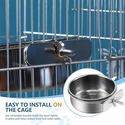 2Pcs Stainless Steel Bird Feeding Bowls, Small Bird Feeding Cup, Stainless Steel Parrot Food Bowl Cage with Holder, Parrot Cage Water Feeder, Pet Cage Cup Holder (Dia 6.3", 4.72",)