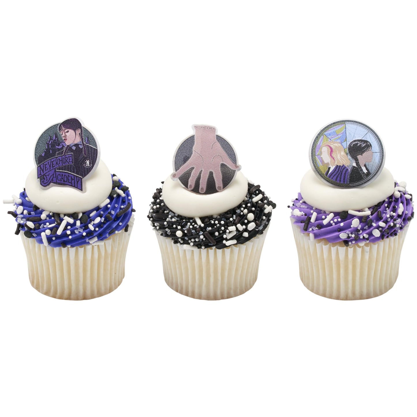 DecoPac Wednesday Outcasts Are In Cupcakes Rings, Nevermore Academy Cupcake Decorations, Food Safe Cupcake Toppers – 24 Pack