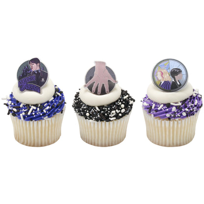 DecoPac Wednesday Outcasts Are In Cupcakes Rings, Nevermore Academy Cupcake Decorations, Food Safe Cupcake Toppers – 24 Pack