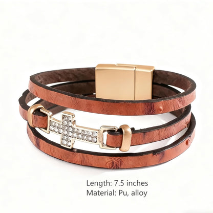 Cross Leather Bracelets Wrap Bracelets for Women Layered Leather Bracelets Bangle Cuff Jewelry for Lady （Reddish brown）