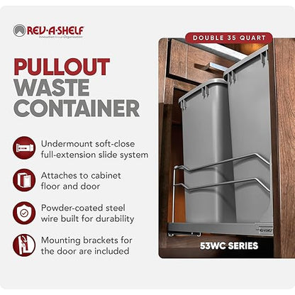 Rev-A-Shelf Double 35 Qt Pullout Trash Cans with Soft-Close for Under Kitchen Cabinets, Min Opening Width of 14.5", Metallic Silver, 53WC-1835SCDM-217