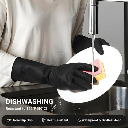 ThxToms 3 Pairs Dishwashing Gloves, Reusable Latex Cleaning Gloves for Housework Kitchen Bathroom, Durable Flexible & Anti-slip, Smooth Lining, Easy On & Off, Large, Black