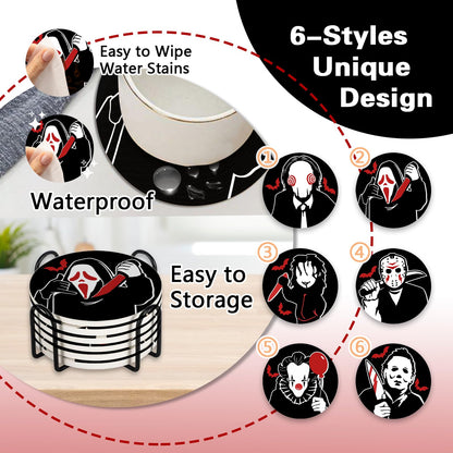 Pycat Halloween Horror Movie Characters Drink Coasters with Holder Set of 6, Bloody Black Absorbent Ceramic Cup Mat for Coffee Table Protection, 4 Inches Scary Home Kitchen Decor Housewarming Gifts