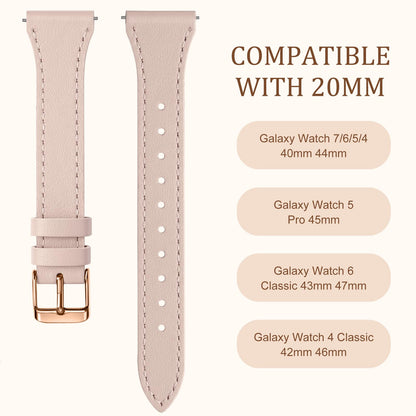 GEAK Slim Leather Band Compatible with Galaxy Watch 7 Band/6 5 4 FE 40mm 44mm/5 pro 45mm/Classic/Galaxy Active 2, 20mm Genuine Leather Strap with Quick Release Buckle for Samsung Watch Bands Women