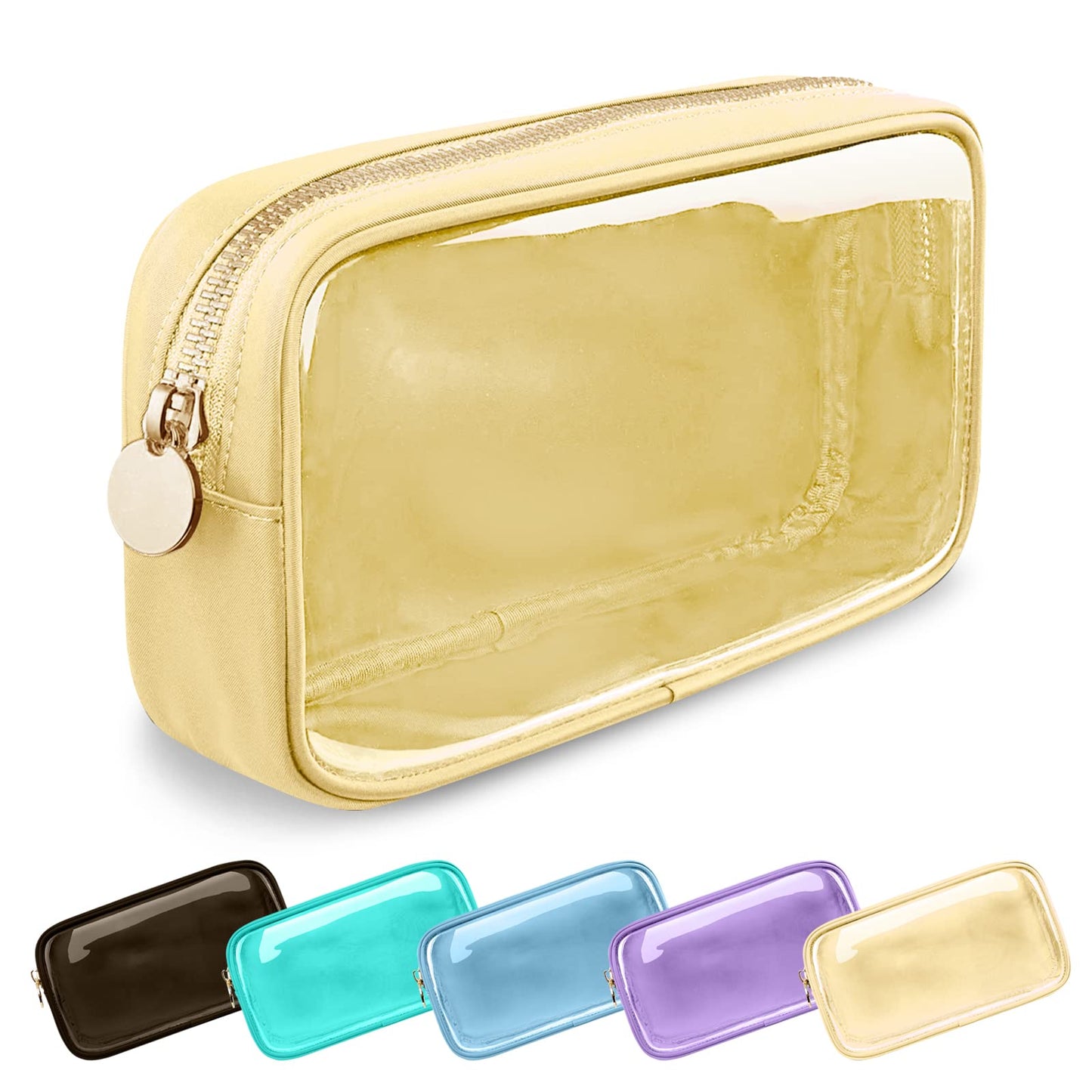 UIXIZQ Clear Small Makeup Bag with Zipper, Nylon&PVC Cosmetic Travel Bag Preppy TSA Approved Toiletry Bag for Women Girls, Transparent Waterproof Makeup Pouches Cute Travel Bag for Purse(Small-Beige)