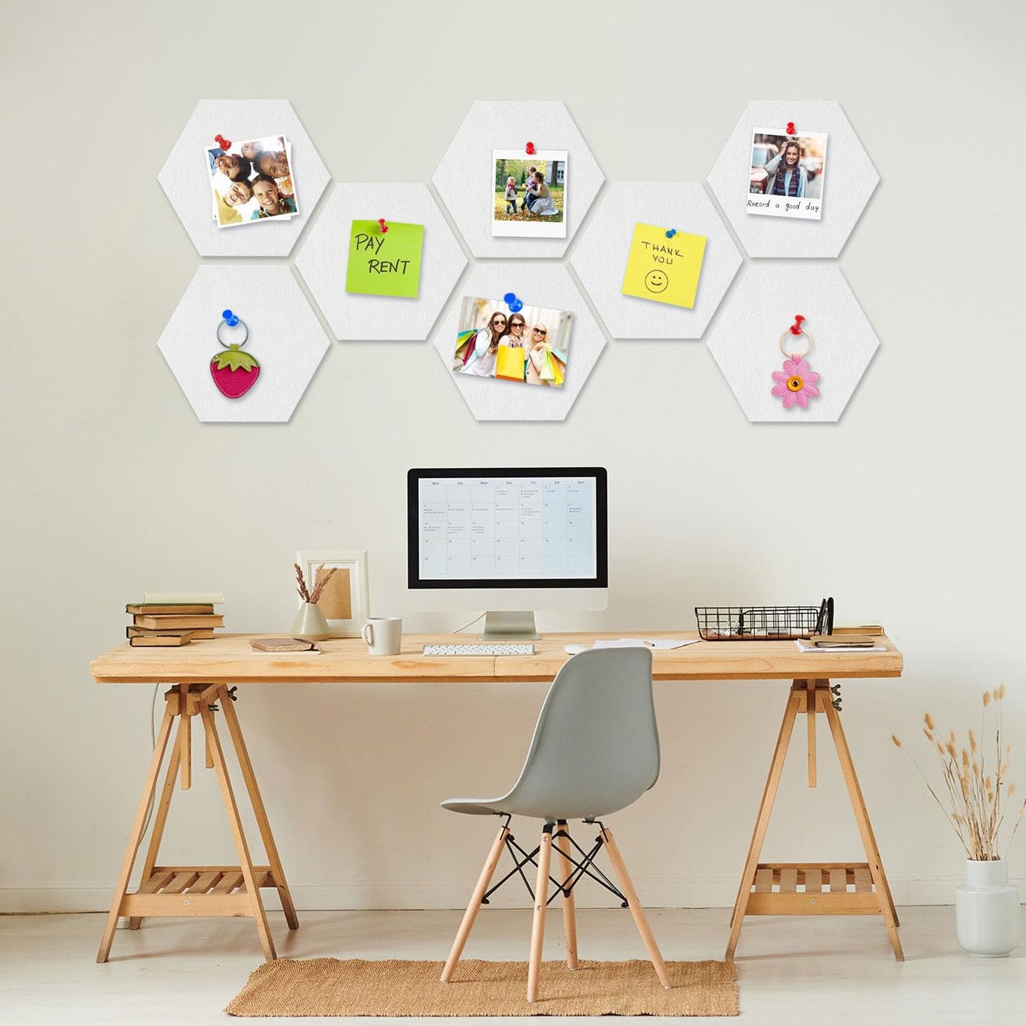 8 Packs White Hexagon Felt Pin Board, 12" Bulletin Board with 30 Push Pins, Felt Board for Home Kitchen Office Decor, Self-Adhesive Corkboard Tiles for Walls Classroom Message Photos Memos Display
