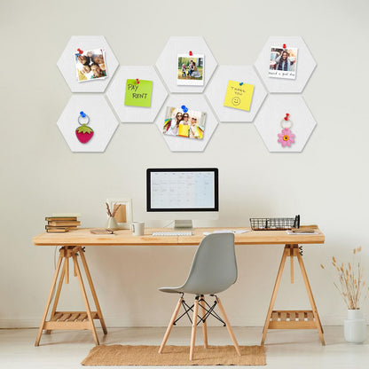 8 Packs White Hexagon Felt Pin Board, 12" Bulletin Board with 30 Push Pins, Felt Board for Home Kitchen Office Decor, Self-Adhesive Corkboard Tiles for Walls Classroom Message Photos Memos Display