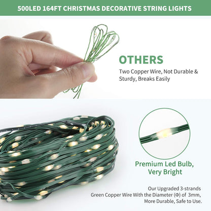 Tcamp 164 Feet 500 LED Christmas Lights, 8 Modes Christmas Tree Lights with Timer Memory Function, Green Wire Starry Fairy String Light for Xmas Tree Halloween Outdoor Indoor Decor (Warm White)