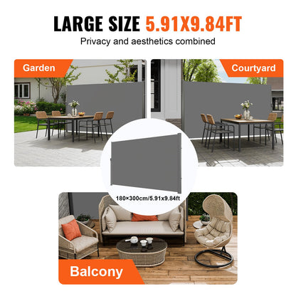 VEVOR Retractable Side Awning, UV 50 71''x118'' Full Aluminum Rust-Proof Outdoor Privacy Screen, 280 g Thicken Folding Room Divider Fence & Wind Screen for Backyard, Balcony, Roof Terraces, Grey