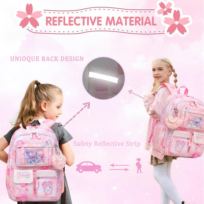 Lovely Girls Backpack School Bag for Students Kids Book Bag with Multiple Pockets Splash-proof Children's Backpack（17inch Pink）