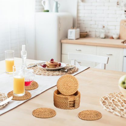 Yiksonyo 12 PC 3.15 inch Rattan Coasters, Handmade Wicker Drink Coasters with Matching Holder, Natural Round Rattan Placemats for Coffee Table, Bar, and Home Décor