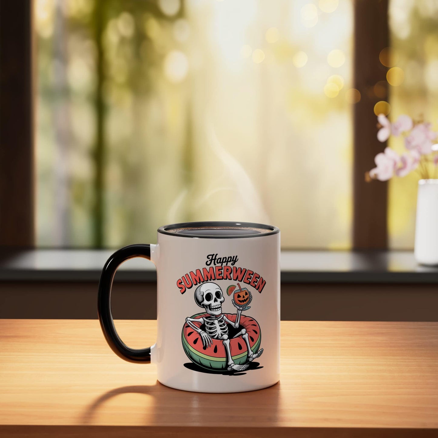 Spooky Summer Halloween Themed Happy Summerween Ceramic Mug, Black/White