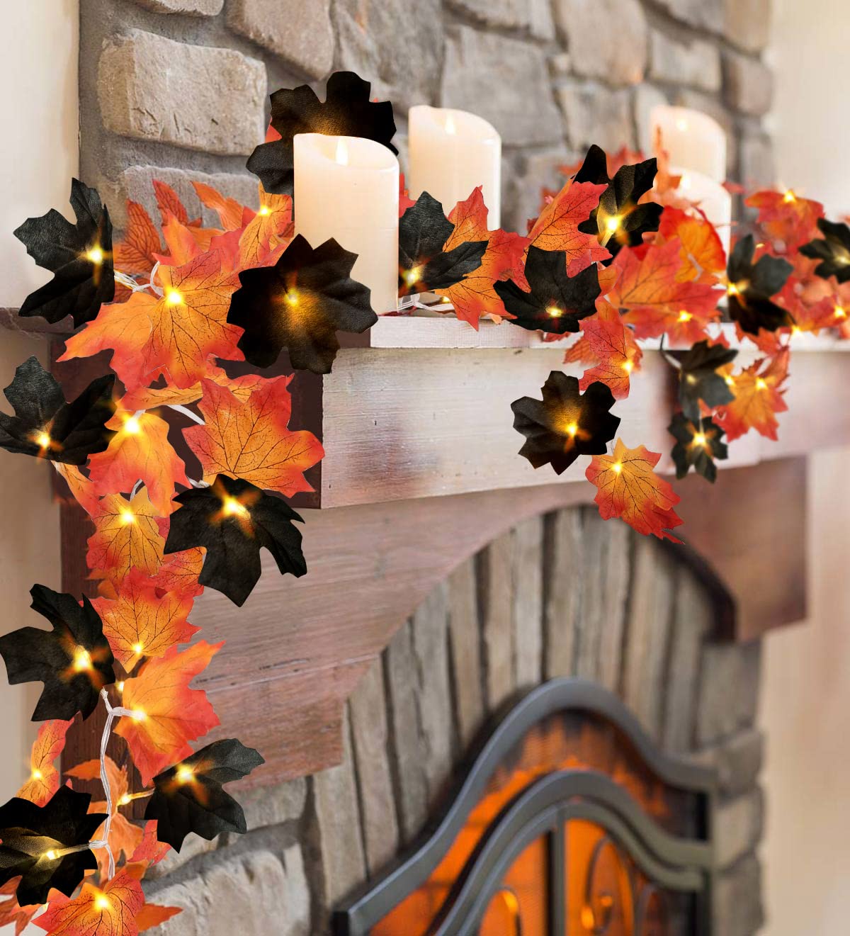 50 LED 16.4Ft Halloween Decorations Fall Garland String Lights with Timer, Lighted Black Maple Leaves Garlands Decor with Banner, Fall Lights for Home Party Indoor Mantle