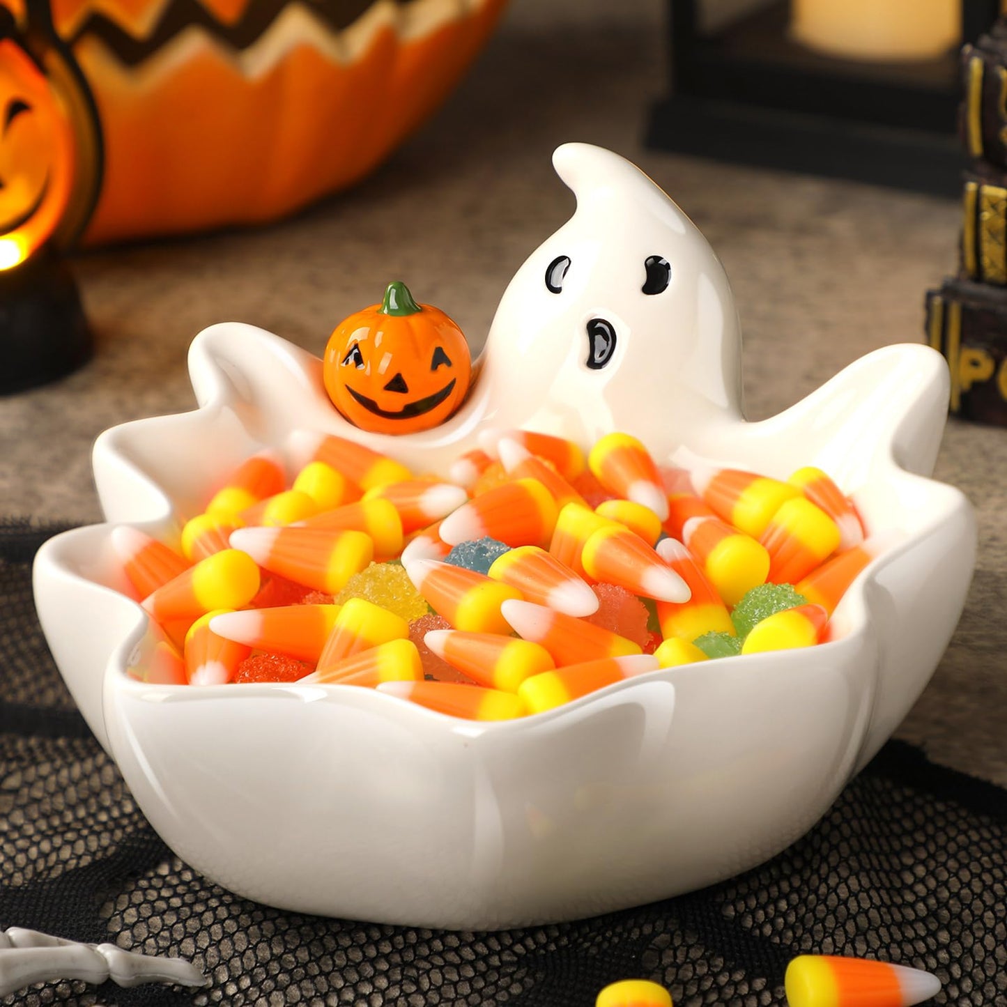 Vesici 7 Inch Halloween Candy Dish Holder Ceramic Ghost Candy Bowl Ghost Serving Tray Cute Candle Holder Cookie Jar for Halloween Party Trick or Treat Decor