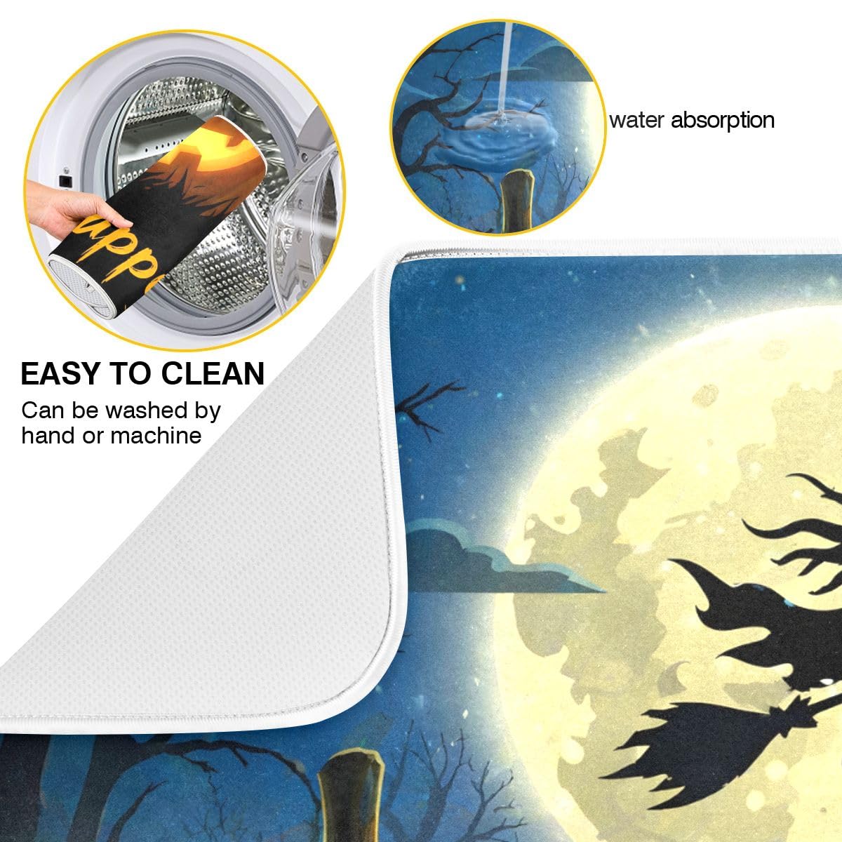 Halloween Night Witch Bat Dish Drying Mat,Pumpkin Latern Absorbent Dish Drying Mat for Kitchen, Extra Large, 16" x 18"