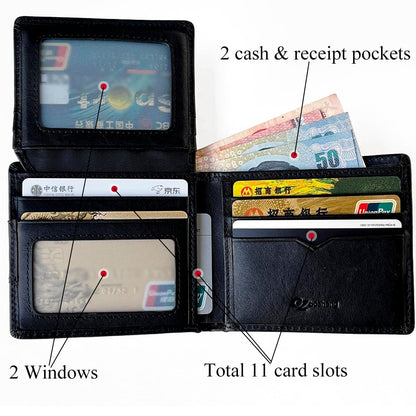 GZBOSHENG Mens Genuine Leather Bifold RFID Blocking Wallet for Men with 2 ID Window 9 Card Holders 2 cash pockets,Includes Gift Box for Father (Black)