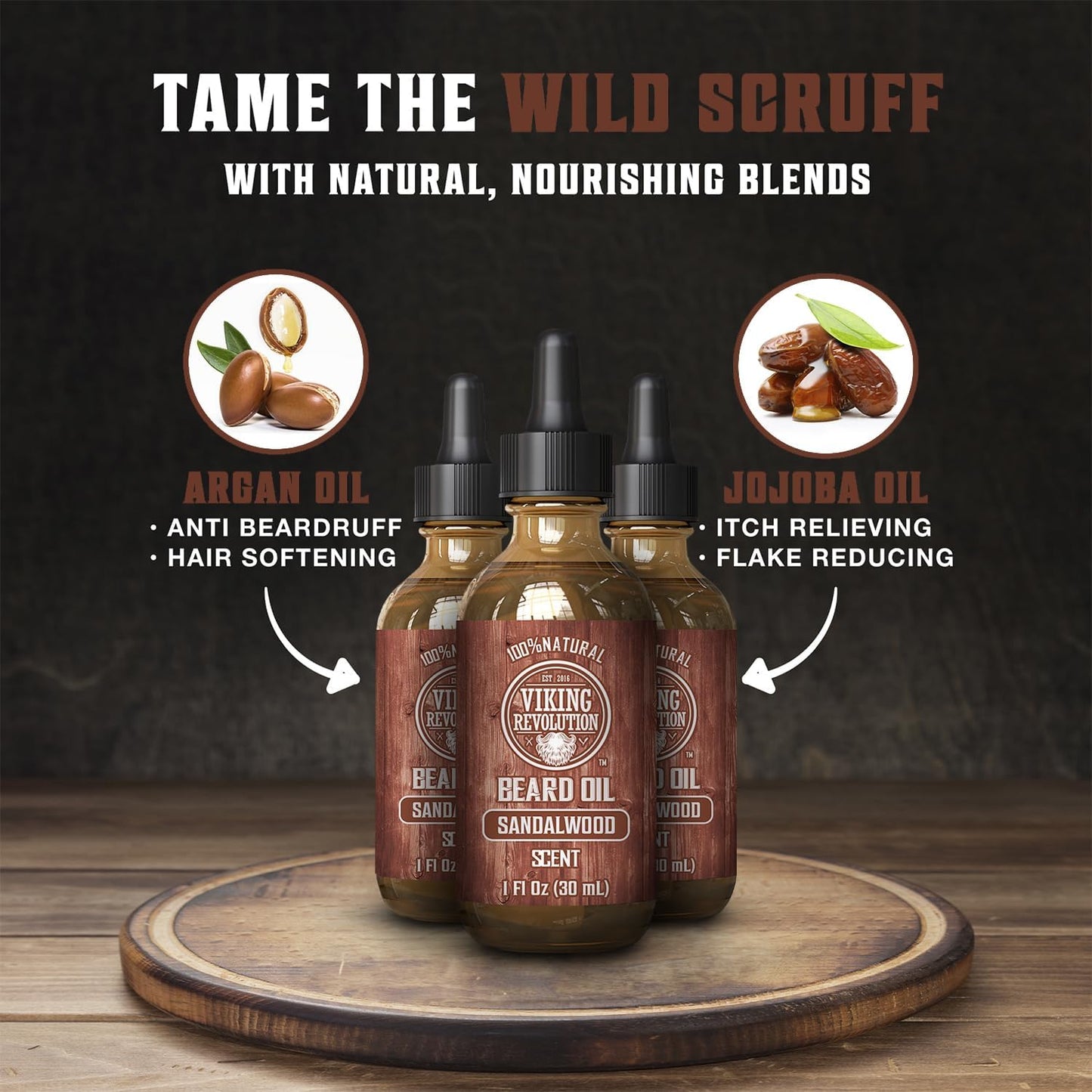 Viking Revolution Sandalwood Beard Oil for Men - Natural Mens Beard Oil with Argan Oil and Jojoba Oil - Beard Softener, Strengthens and Moisturizes - Beard Conditioner for Men (Sandalwood, 1 Pack)