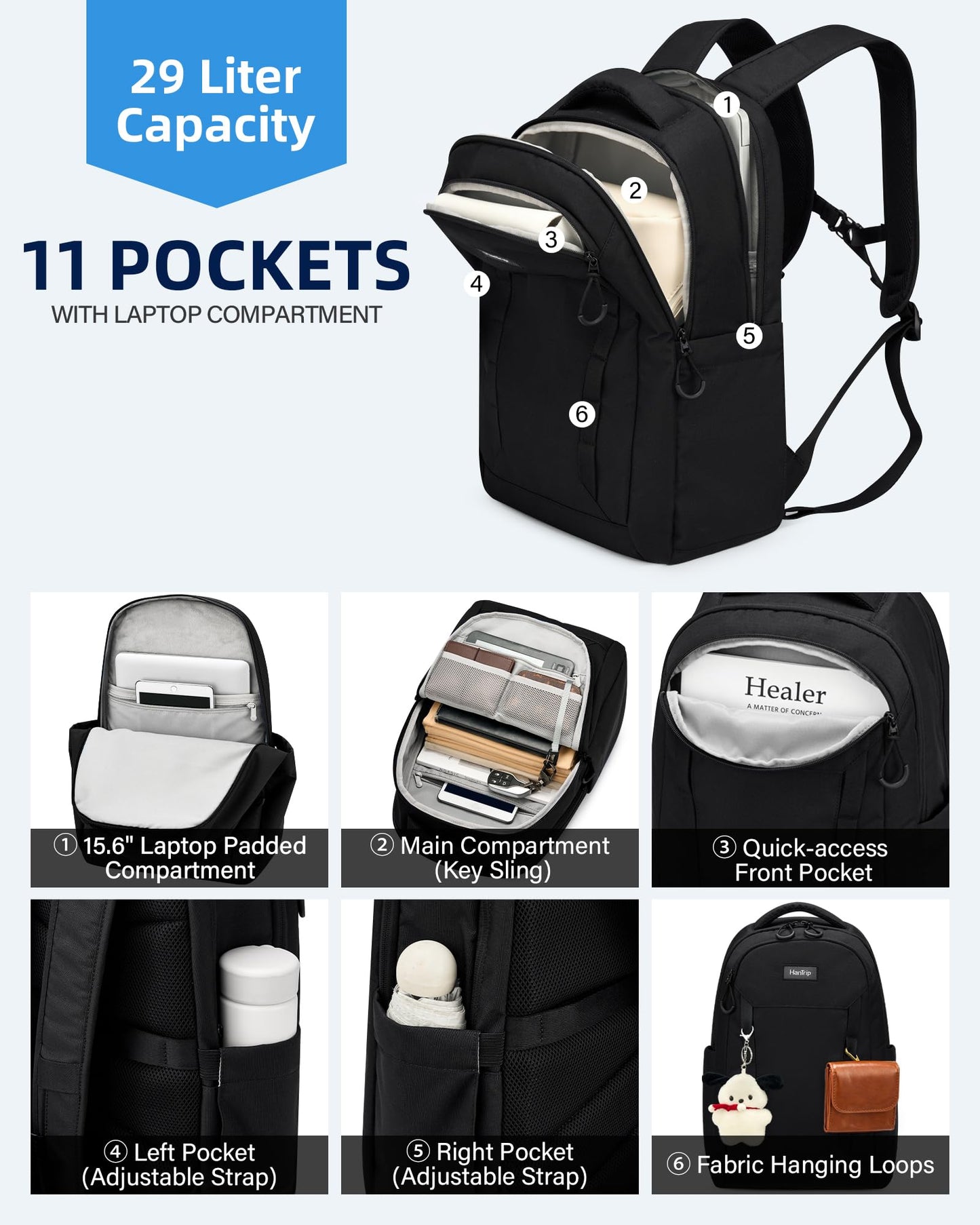 HanTrip Travel Laptop Backpack Carry On, 18 Inch Large Work Backpack School Book Bags, Light Water Resistant Backpacks for Women Men with Luggage Strap Water Bottle Pocket Chest Strap, Black
