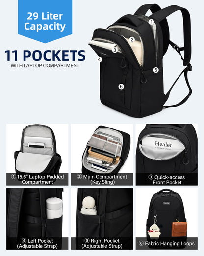 HanTrip Travel Laptop Backpack Carry On, 18 Inch Large Work Backpack School Book Bags, Light Water Resistant Backpacks for Women Men with Luggage Strap Water Bottle Pocket Chest Strap, Black