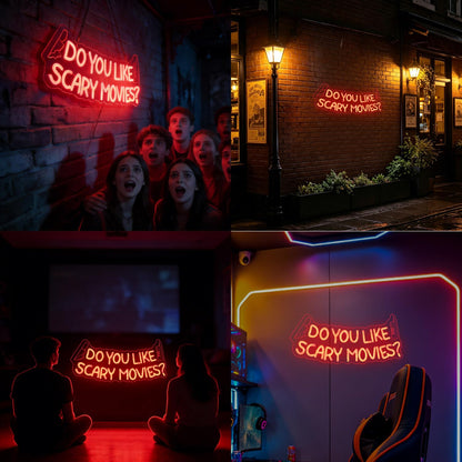 Do You Like Scary Movies LED Neon Sign Horror Movie Decor for Wall USB Powered Adjustable Brightness Easy Install Neon Lights for Room Halloween Decorations