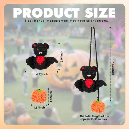 Rislobx Crochet Bat and Pumpkin Car Rearview Mirror Hanging, Knitted Cute Halloween Bat Car Charm Ornament, Handmade Pendant Mirror Decor Auto Interior Accessories (Pumpkin)