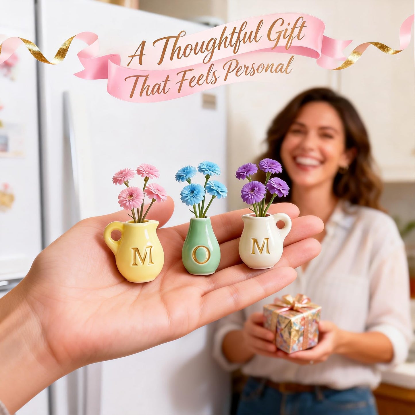 Mini Ceramic Vase Fridge Magnets – Tiny 3D Flower Vase Refrigerator Magnets with Fake Flowers, Cute Kitchen & Home Decor, Unique Birthday for Mom & Women