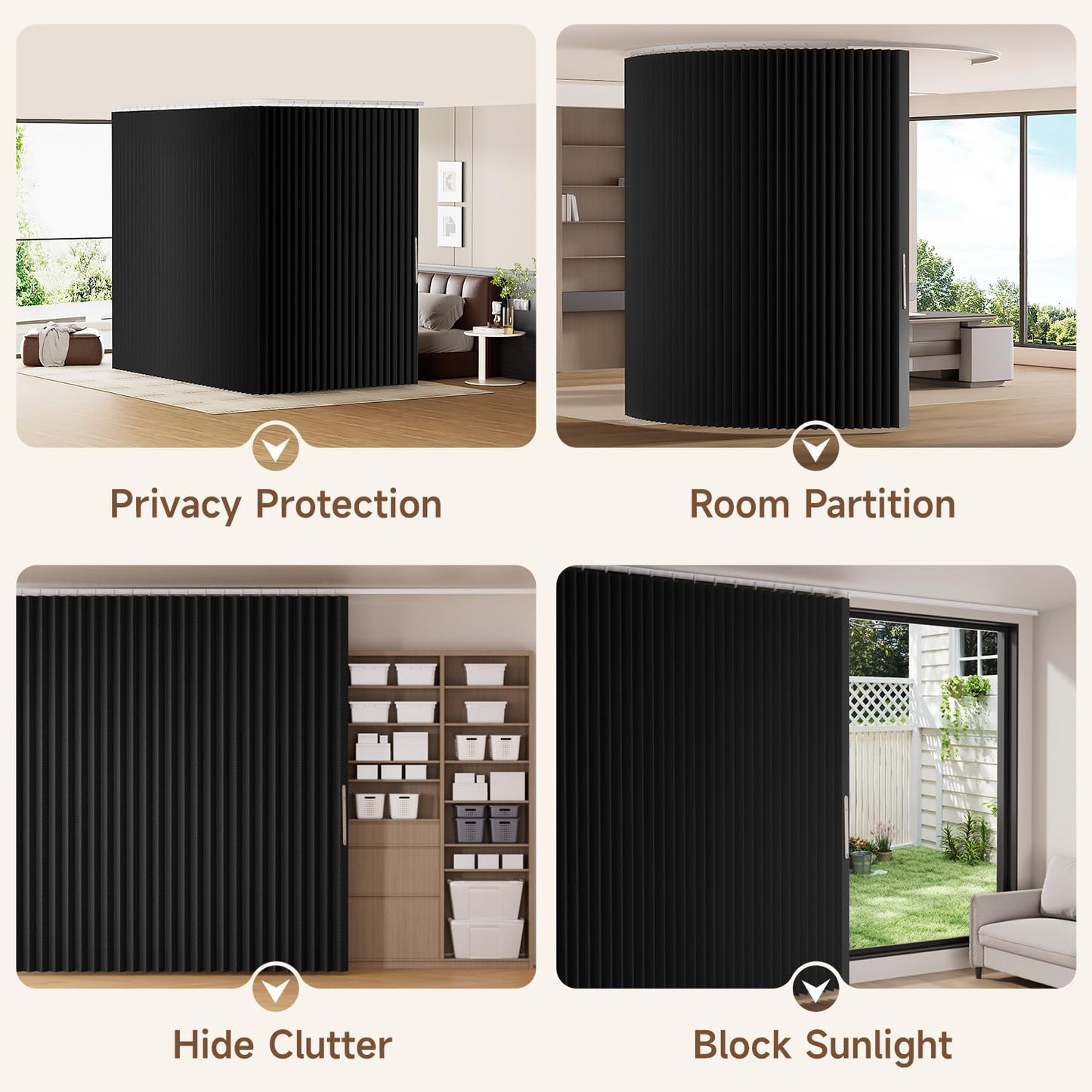 Room Divider Curtains Ceiling Mount/Wall Mount Track Sets, Accordion Design 100% Blackout Curtains Room Separation Space Sliding Curtain Wall Divider for Living Room Bedroom Privacy Screen Partition