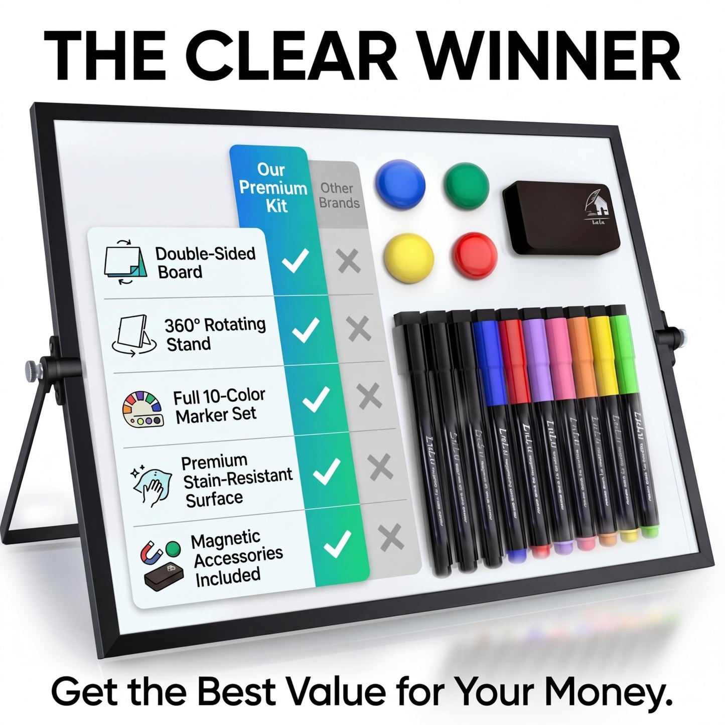 12x16 Magnetic Dry Erase Whiteboard with Stand – Double-Sided Desktop Board, 10 Markers, 4 Magnets & Eraser – Black Frame | LULU OFFICE