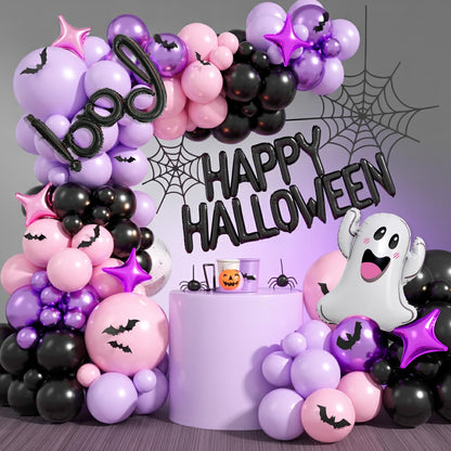 Halloween Balloon Arch Garland, Pink Purple Balloons with Star Cute Ghost Boo Foil Balloon, Metallic Purple Pink Black Latex Balloons Bat Stickers for Kids Girls Birthday Halloween Party Decorations