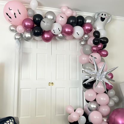 Froova Halloween Balloon Arch Kit, 131 Pcs Pink Black Silver Balloon Garland with 3D Bat Stickers Ghost Star Balloons for Girls Halloween Baby Shower Spooky Birthday Party Decorations