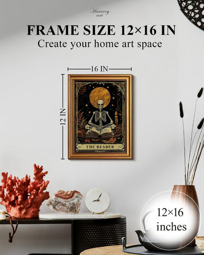 HUARCEY Gold Framed Canvas Wall Art, Skeleton Reader Tarot Picture Decor, Library Reading Room School Decor, Book Lover Witchy Gothic Halloween Canvas Paintings, 12x16inch