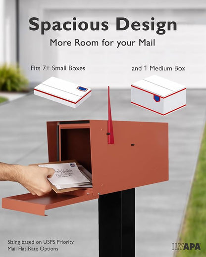 Ilyapa Modern Mailbox for Outside Post Mount - Terracotta Heavy Duty Powder Coated Metal Mailbox, Waterproof Letter Box for Parcels