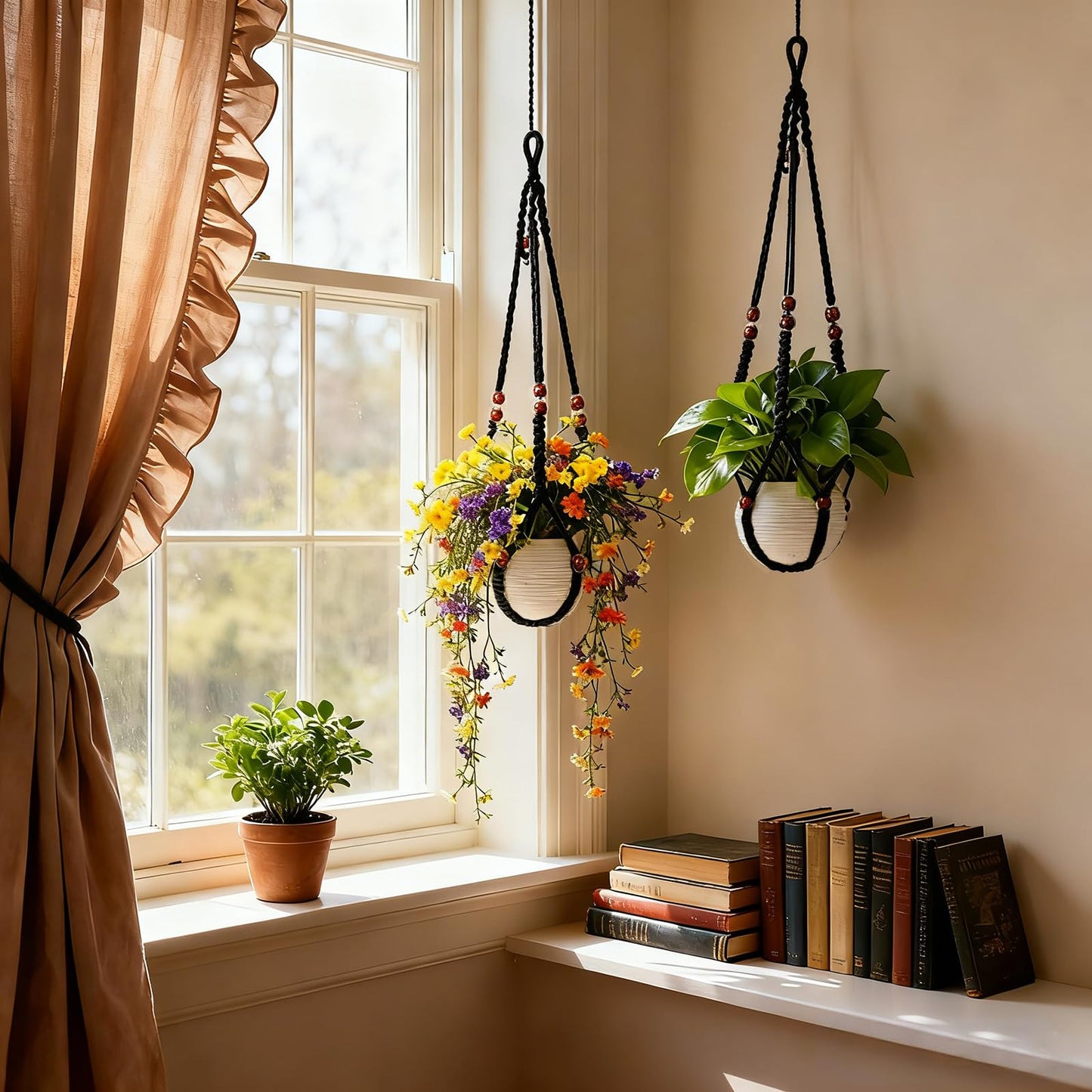 HOREAKHJ 35 Inch Macrame Plant Hanger, Large for up to 15 Inch Pot Extra Long Hanging Planter Holder Basket with Wood Beads for Indoor Outdoor Home Decor (Black, 1-Pack)