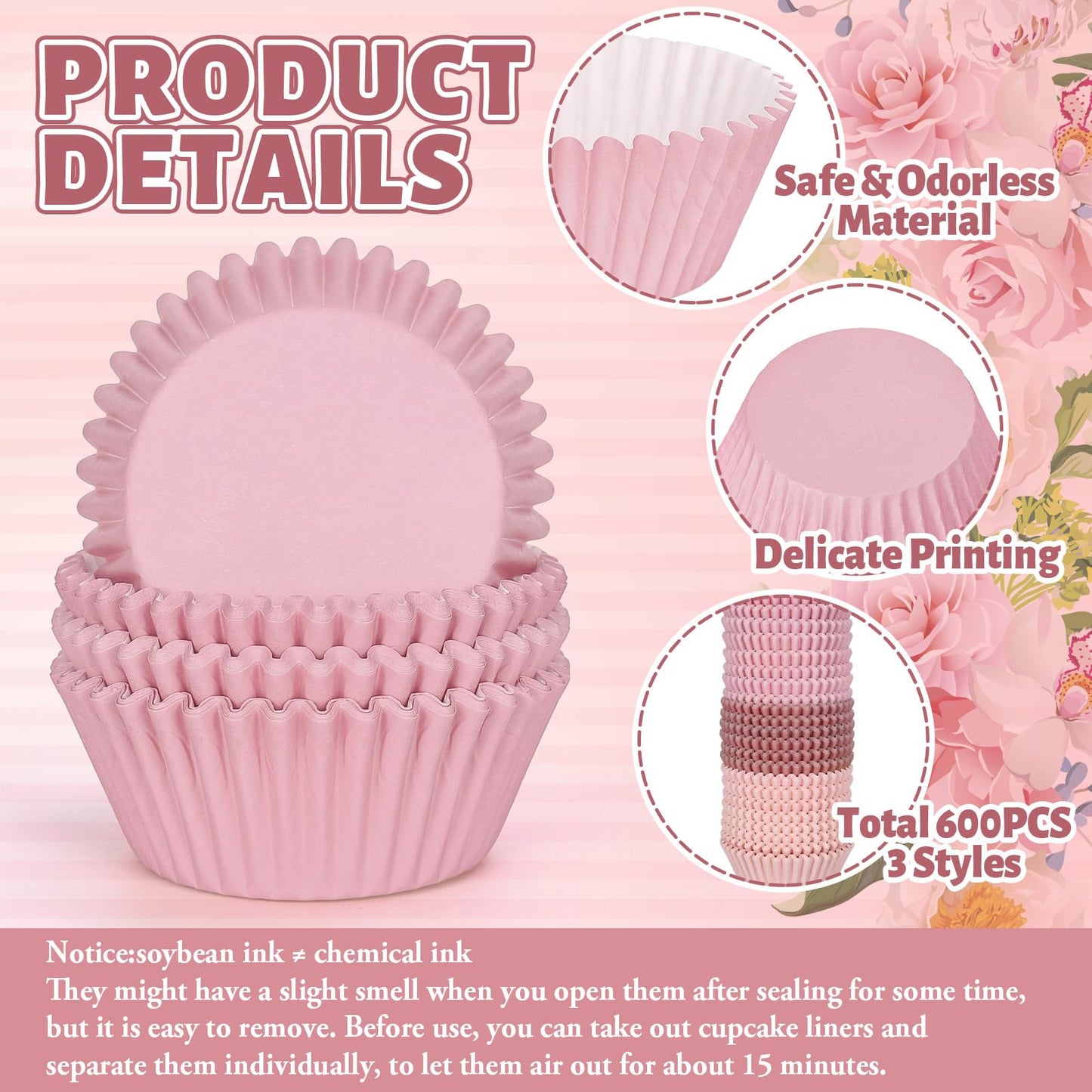 Whaline 600Pcs Dusty Pink Cupcake Liners Gradient Pink Color Baking Cups Holders Rose Cupcake Wrappers Muffin Liners for Bridal Baby Shower Wedding Birthday Party Supplies