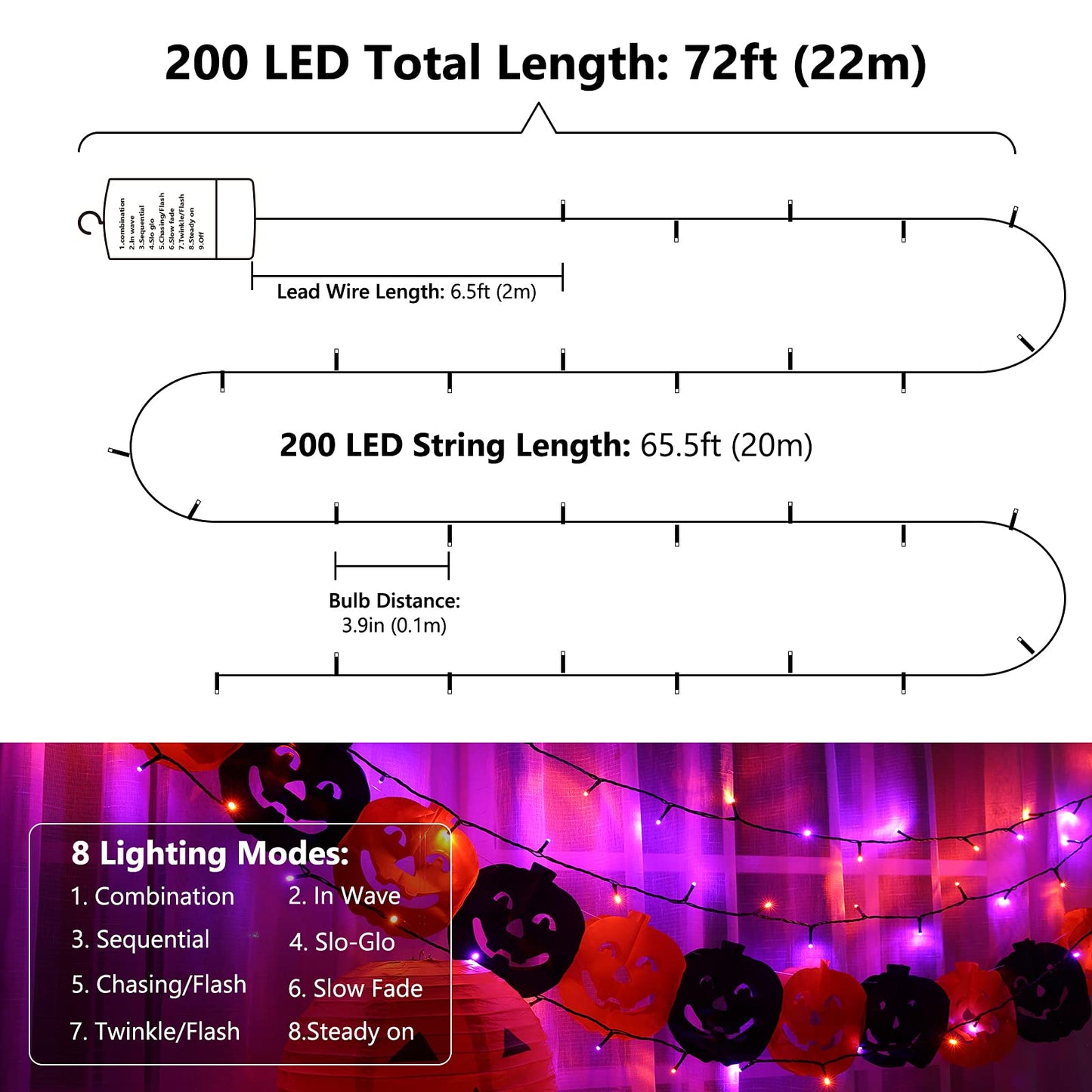 Flacchi Orange Purple Halloween Lights, 67 ft 200 LED Battery Operated String Lights Waterproof 8 Modes & Auto Timer Mini Lights for Halloween Decorations, Home, Party, Holiday Decor Outdoor Indoor