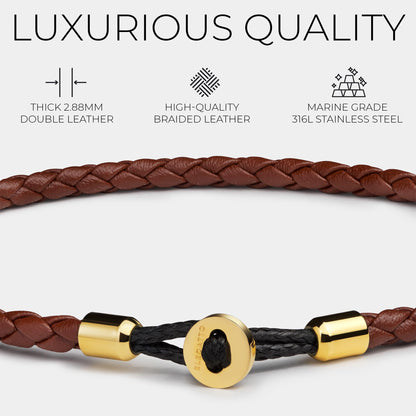 Elegatto Uno Premium Braided Leather Bracelet for Men | Full-Grain Leather with 18k Gold-Plated Stainless Steel Closure | Men’s Designer Bracelets | Brown Gold Small