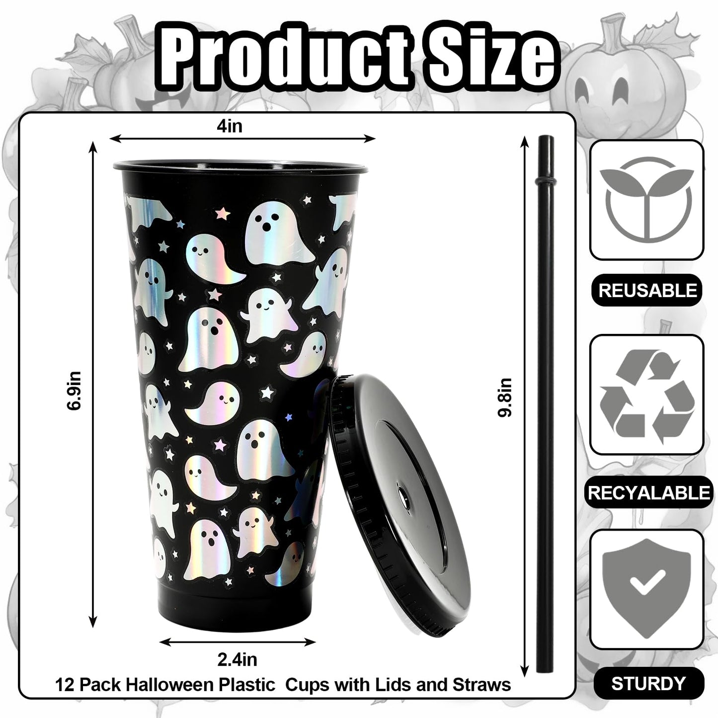 Whaline 12Pcs Halloween Ghost Plastic Cups Holographic Black Iridescent Boo Plastic Tumbler Reusable Cold Cup with Straw and Lids for Home Office Party Supplies