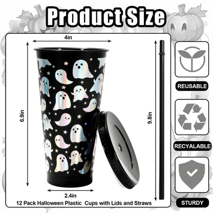 Whaline 12Pcs Halloween Ghost Plastic Cups Holographic Black Iridescent Boo Plastic Tumbler Reusable Cold Cup with Straw and Lids for Home Office Party Supplies
