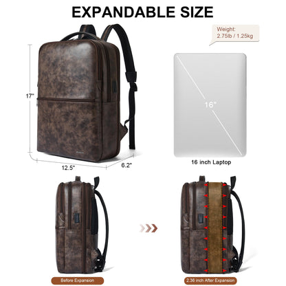 Shrrie Vegan Leather Laptop Backpack for Women&Men,16 Inch Expandable Backpack with USB Charging Port,Two-toned Coffee