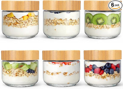 Moretoes 6 Pack Overnight Oats Containers with Lids, 10oz Glass Storage for Dry Food, Jars with Lids for Yogurt & Salad, Portable for Picnic & Lunch, Transparent Square Design for Kitchen Pantry Jars