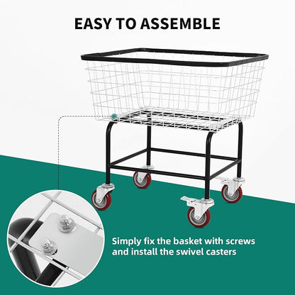 Extra-Large Rolling Laundry Cart with Wheels Holds 4 Washer Loads, Wire Laundry Basket, Heavy-Duty Steel Storage Basket with Galvanized Finish, for Commercial or Home Laundry