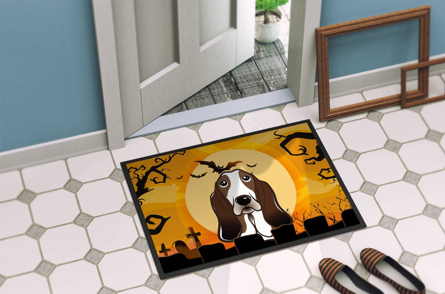 Caroline's Treasures BB1801MAT Halloween Basset Hound Doormat 18x27 Front Door Mat Indoor Outdoor Rugs for Entryway, Non Slip Washable Low Pile, 18H X 27W