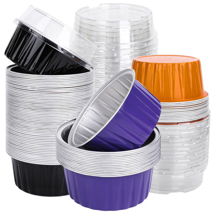 JarThenaAMCS 60Pcs Halloween Baking Cups with Lids Aluminum Foil Cupcake Holders Black Purple Orange Muffin Liners Wrappers Mini Cake Pans Ramekins Cups Dessert Containers for Party Supplies