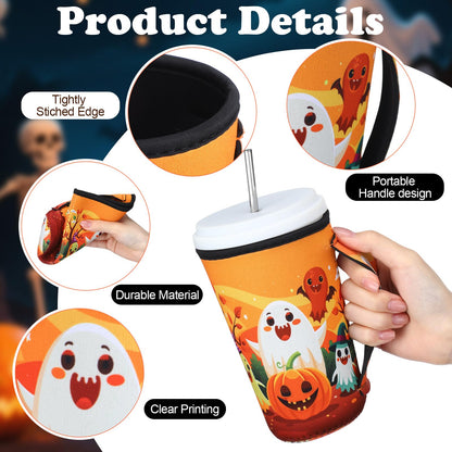 Boao 12 Pcs Reusable Neoprene Tumbler Sleeve with Handle Insulated Cup Sleeve for Iced Coffee Cold Drink Anti Condensation No Sweat for Summer Beach Hawaii Party(Purple,32 Ounce,Halloween Style)