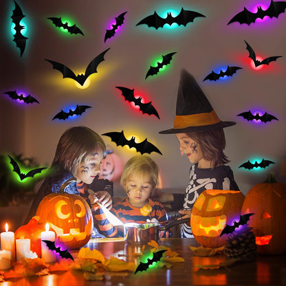 LeeSky 60 Pack Halloween 3D Lighted Bats Wall Decor, 3D Light Up Halloween Bats Wall Stickers for Halloweens Outdoor Indoor Bedroom Window Home Decals